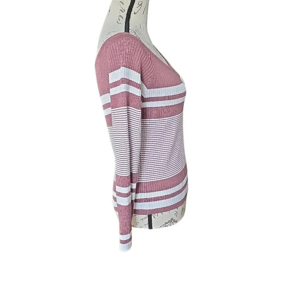 Closet Space Women's Size XL Mauve White Striped Ribbed Scoop Neck Knit Top